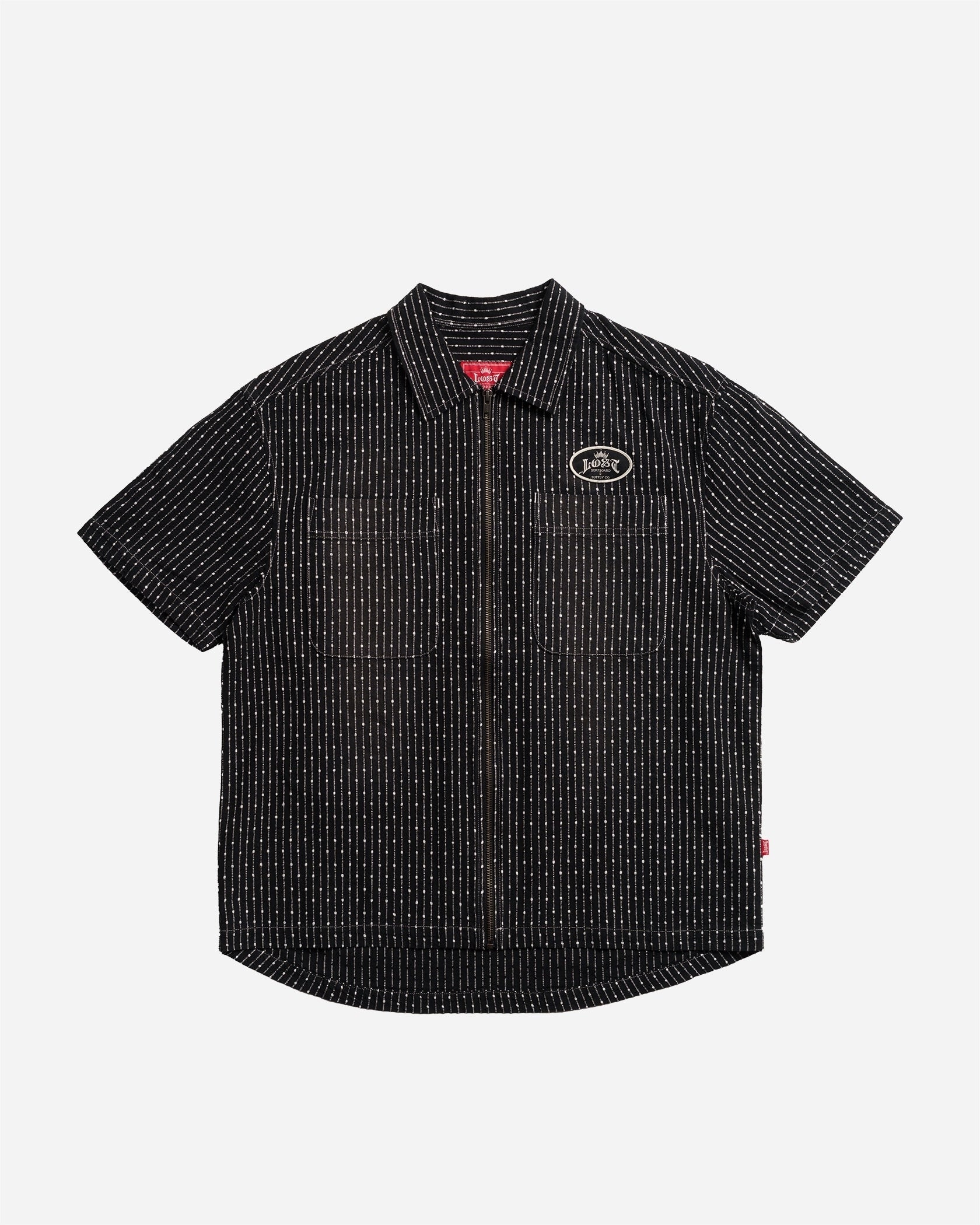 Black short-sleeve shirt with white stripes