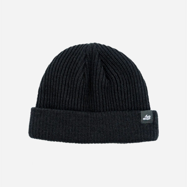 Black knit beanie on white background