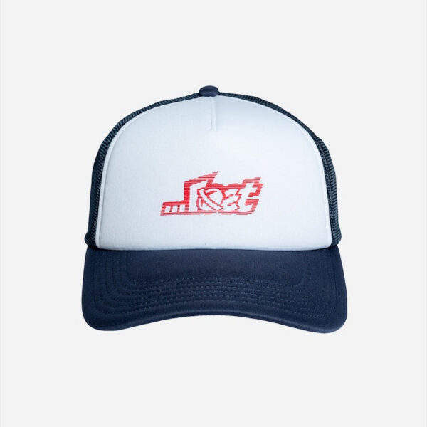 White and blue cap with red logo