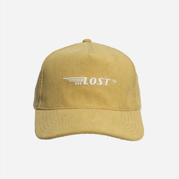Tan cap with white embroidered text