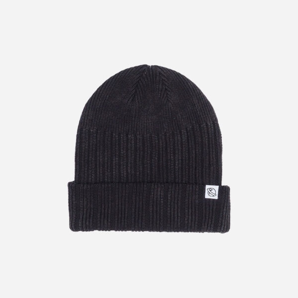 Black knitted beanie on white background