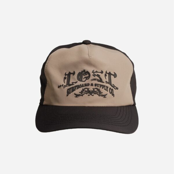 Tan and black cap with logo