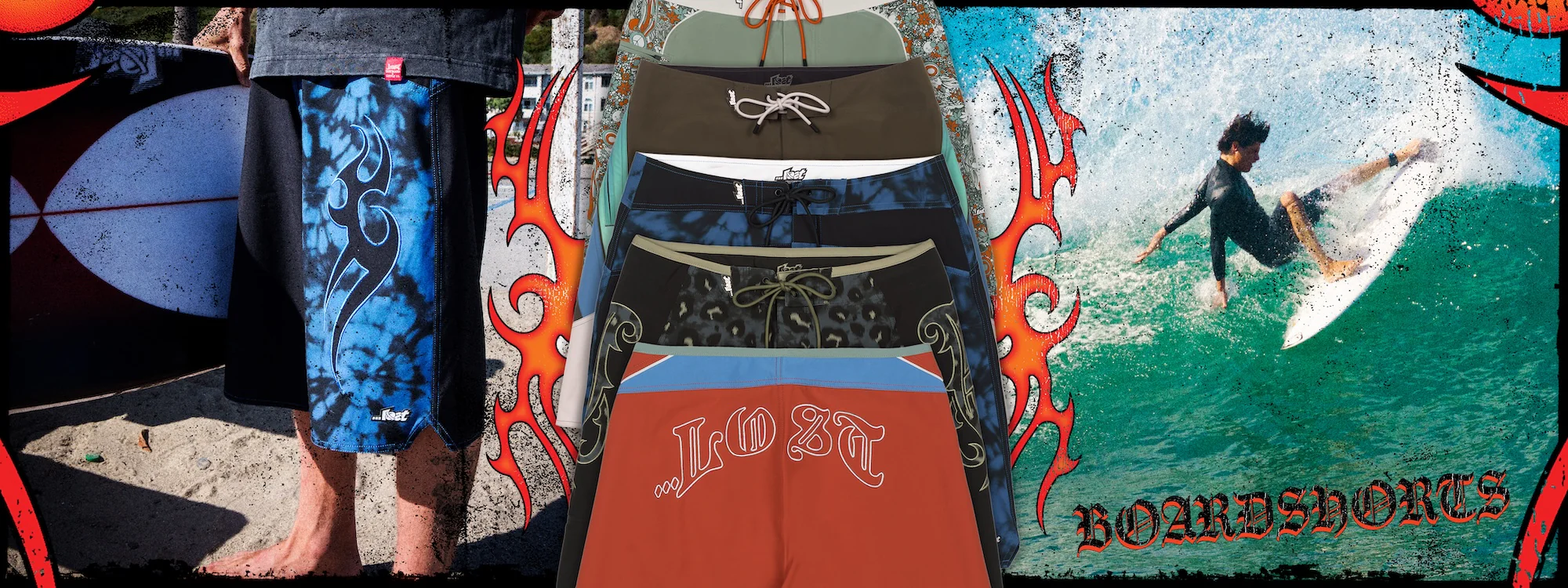 Surfboards and boardshorts collage