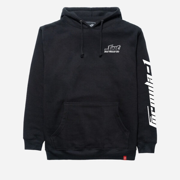 Black hoodie featuring graphic text details